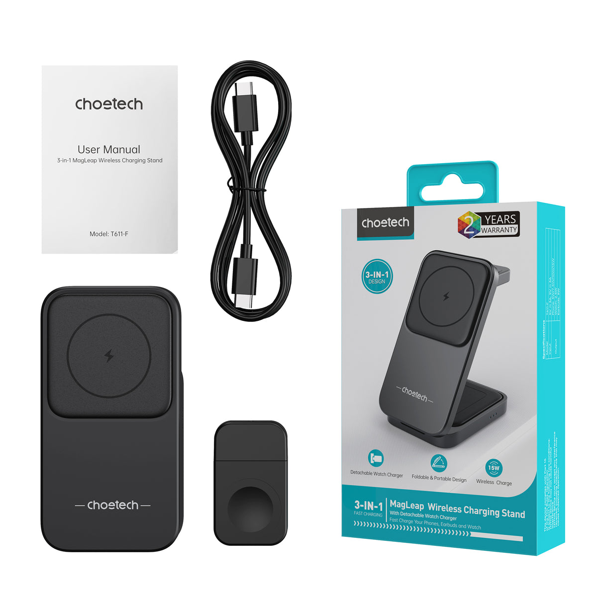 Choetech - Magnetic Charger 3in1 Choetech T611-F 15W - for iPhone series 12/13/14/15 - Zayoom