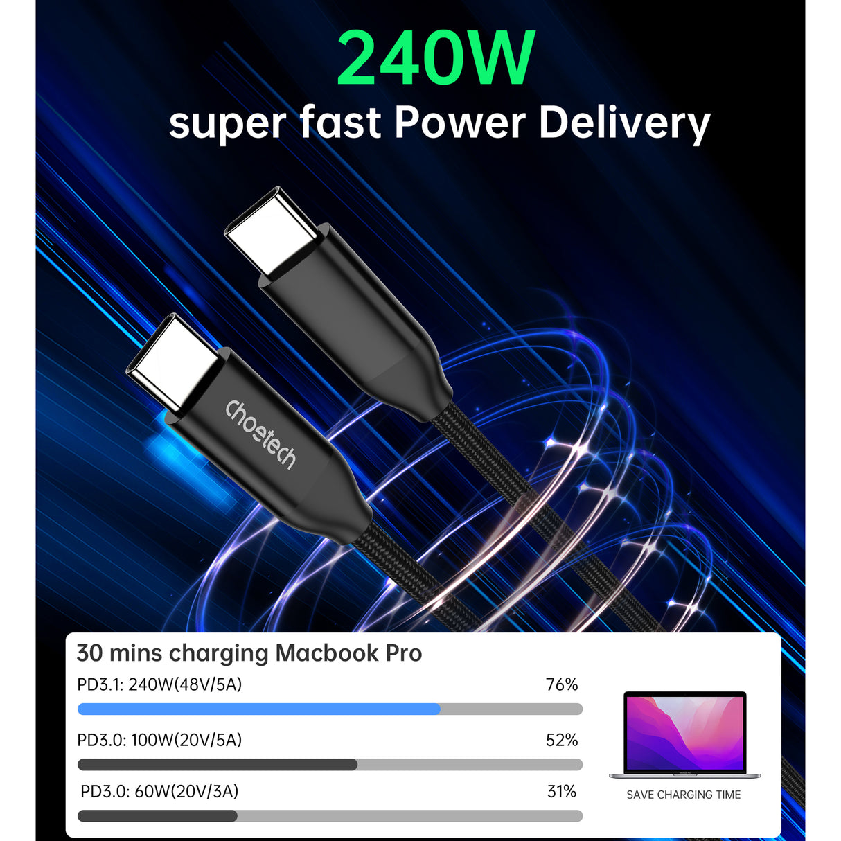 Choetech - PD3.1 - 240W - USB-C to USB-C Cable 1.2M - black - Zayoom
