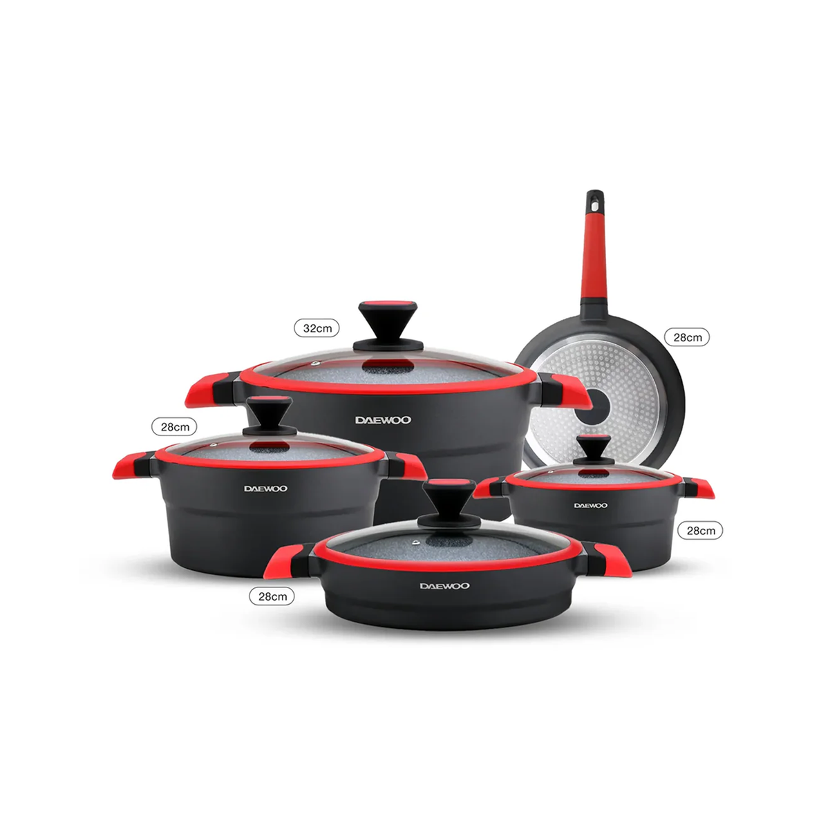 دايو تي إس سيريز مجموعة أواني طهي المطلية بالجرانيت غير اللاصقة مكونة من 9 قطع - أسود وأحمر