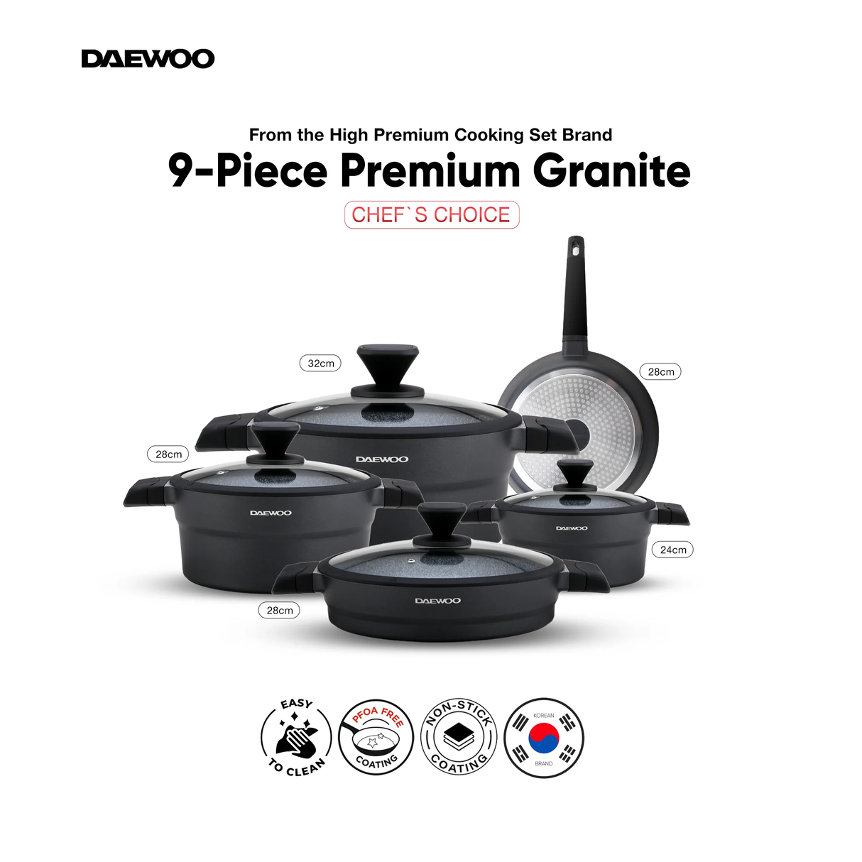 دايو طقم أواني طهي اكس سيريز بطلاء جرانيت غير لاصق – 9 قطع – أسود