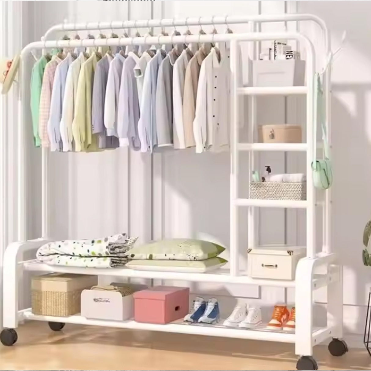 Elegant Double Pole Metal Clothes Hanging Rack with Swivel Wheels & Multi-Layer Shelving - 58kg Weight Capacity, Non-Slip Side Hooks for Home & Boutique Storage