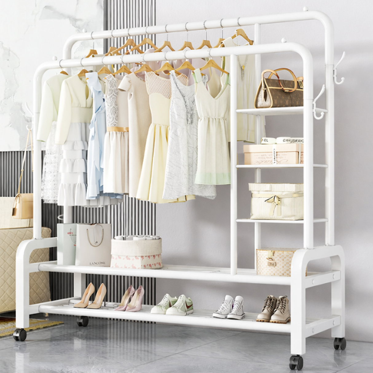 Elegant Double Pole Metal Clothes Hanging Rack with Swivel Wheels & Multi-Layer Shelving - 58kg Weight Capacity, Non-Slip Side Hooks for Home & Boutique Storage