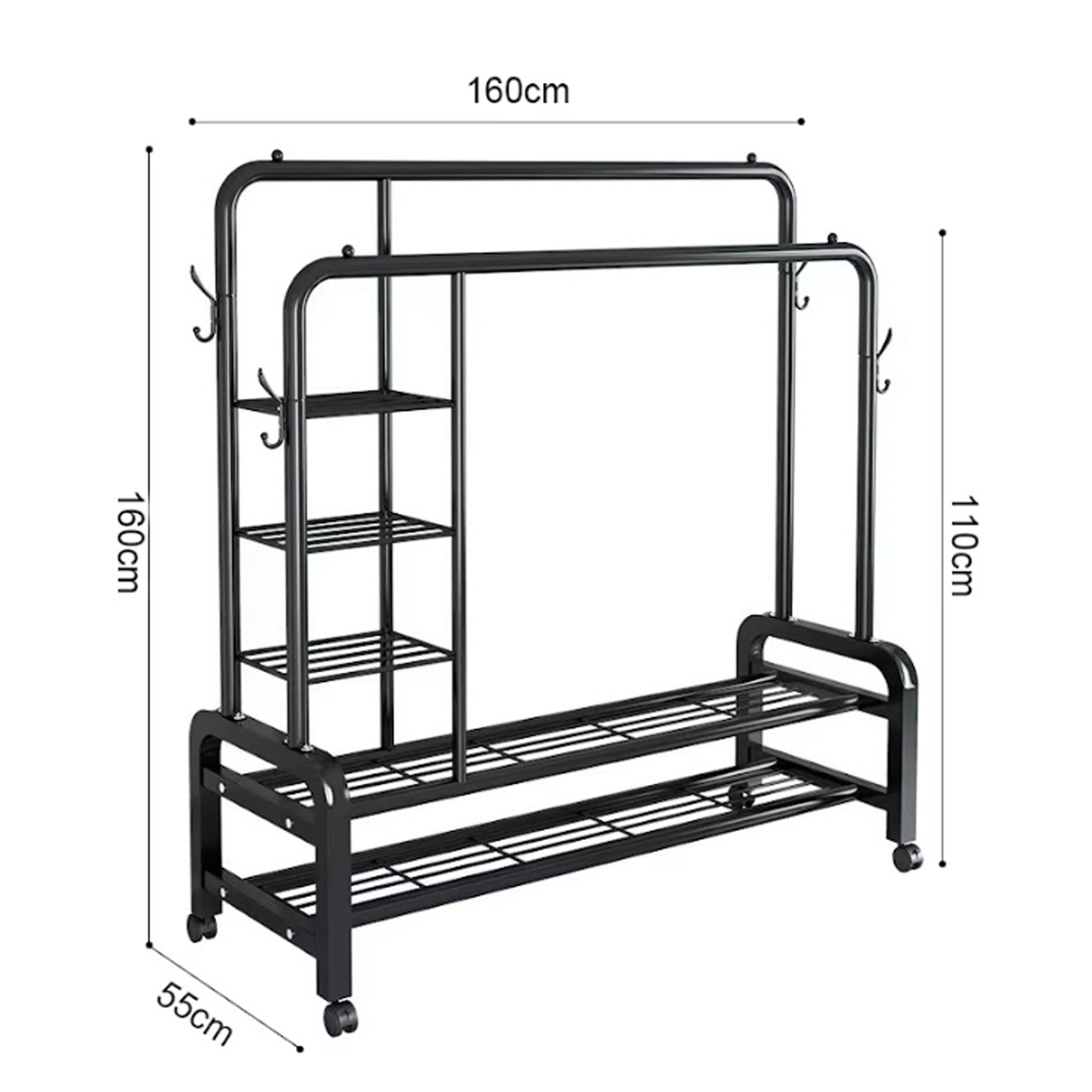 Elegant Double Pole Metal Clothes Hanging Rack with Swivel Wheels & Multi-Layer Shelving - 58kg Weight Capacity, Non-Slip Side Hooks for Home & Boutique Storage