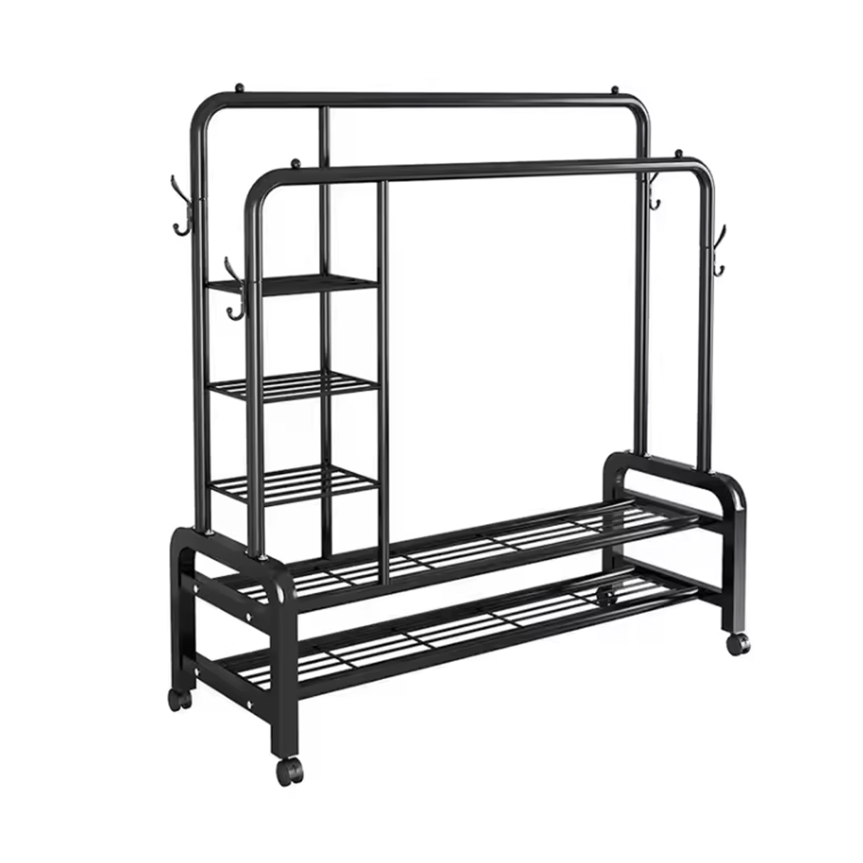 Elegant Double Pole Metal Clothes Hanging Rack with Swivel Wheels & Multi-Layer Shelving - 58kg Weight Capacity, Non-Slip Side Hooks for Home & Boutique Storage