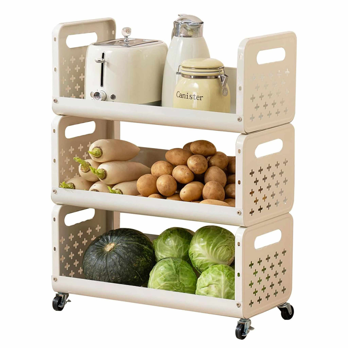 رف تخزين متعدد الاستخدامات بعجلات، ثلاث طبقات، للأطعمة، الخضروات، الوجبات الخفيفة، أدوات التجميل، ولوازم الحمام – أبيض