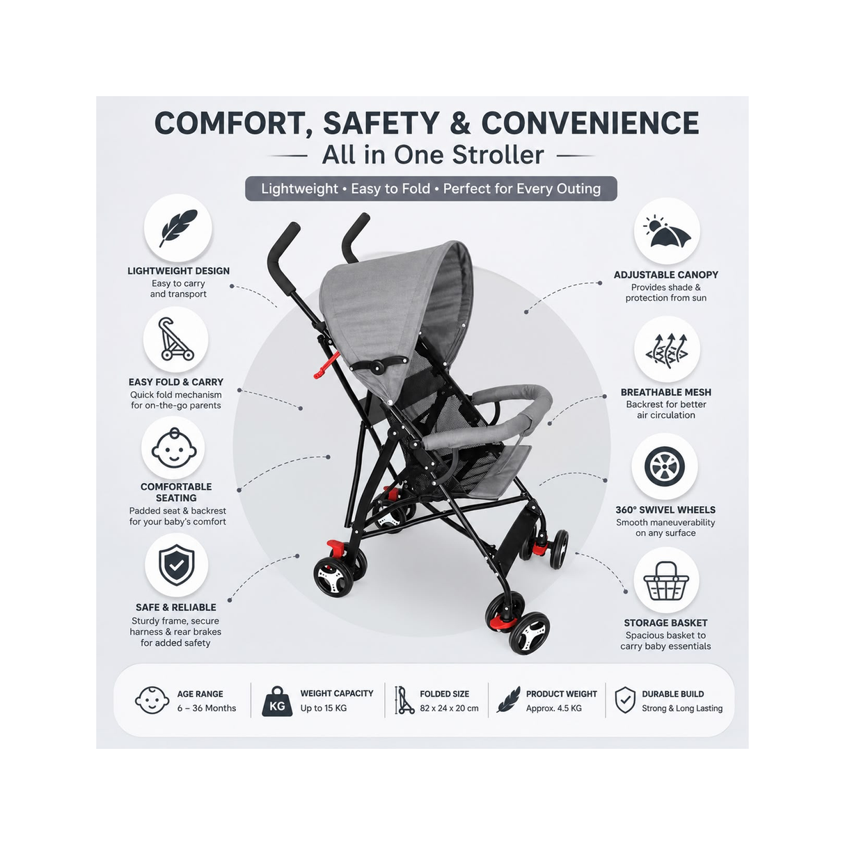Foldable Baby Stroller With Mesh Shock Absorbers - Grey