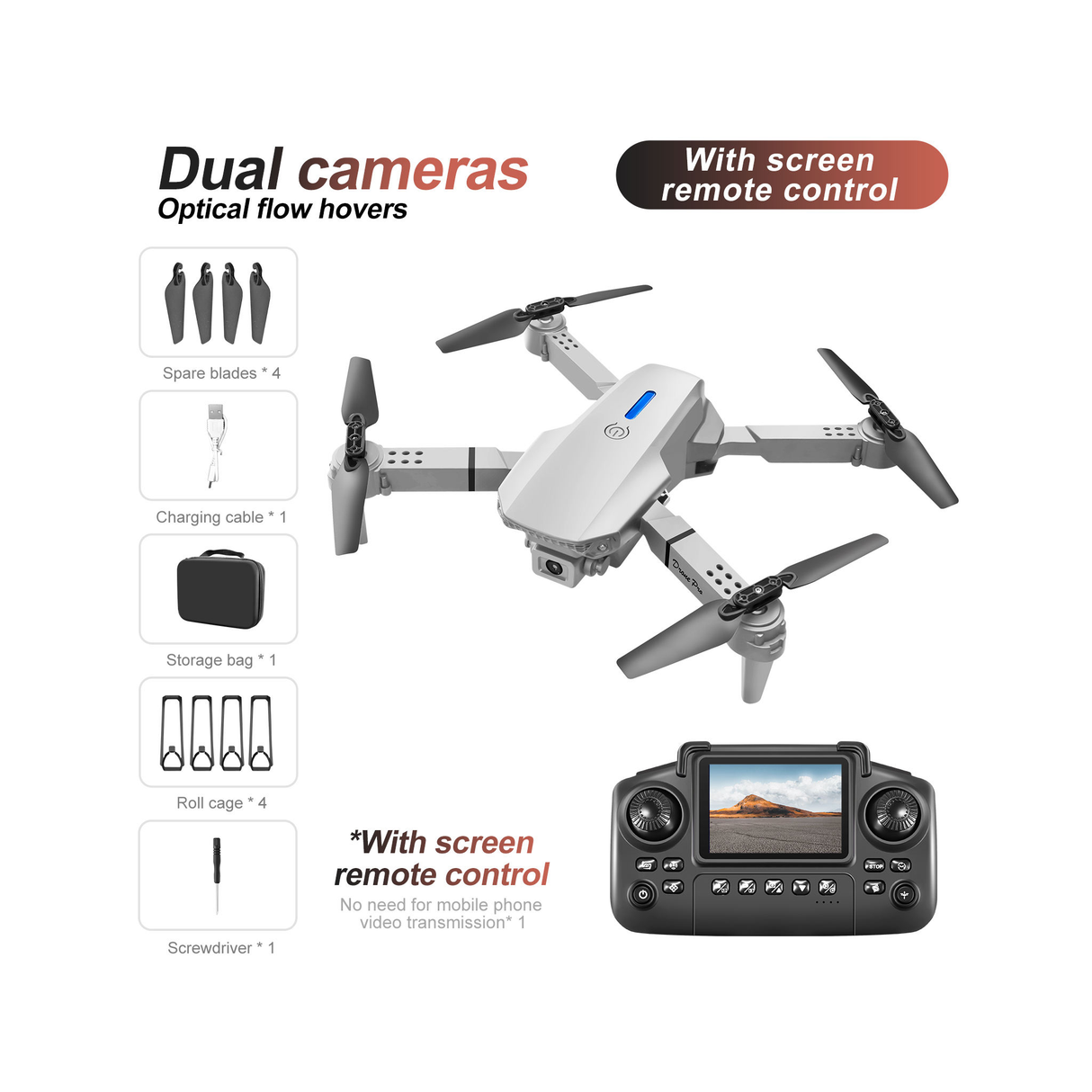Foldable HD Dual Camera Quadcopter Drone with Inbuilt Screen Controller & Optical Flow Hovering & Mobile App Control - White/Gray
