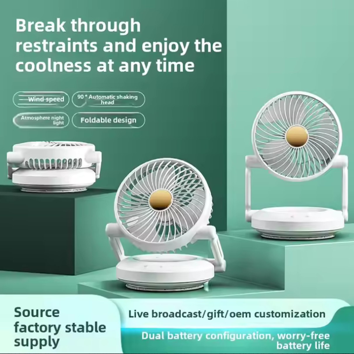 Foldable Rechargeable Desk Fan with Night Light & 3-Speed Powerful Airflow – Wall Mountable & Compact Travel Cooling Solution - White