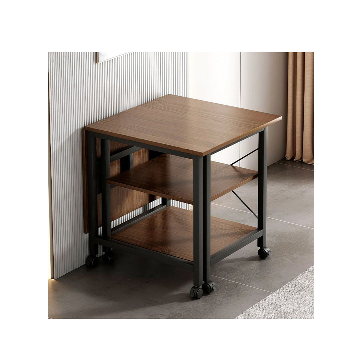 Folding Dining Table With Moveable Wheels and Storage Layer for Kitchen
