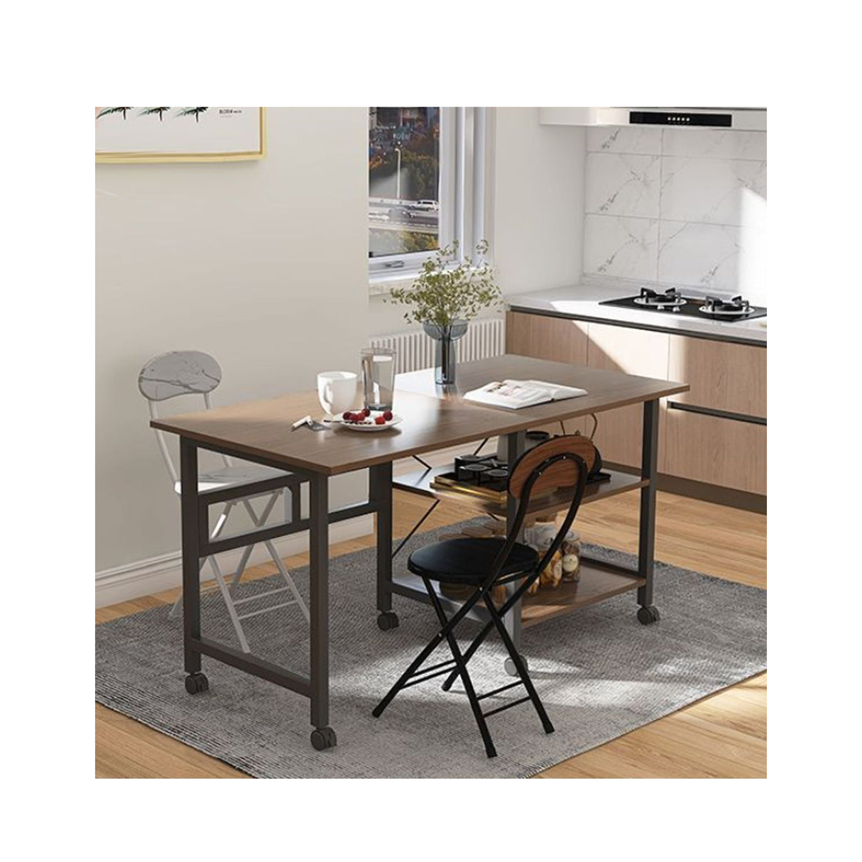 Folding Dining Table With Moveable Wheels and Storage Layer for Kitchen