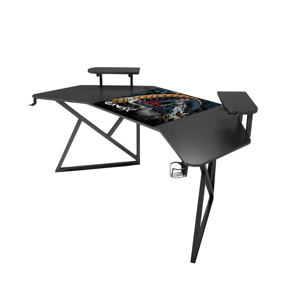 Gamax D2204B Curved Carbon Fiber Gaming Table 180*70*74 cm With Multi Level Shelves & Mousepad - Black