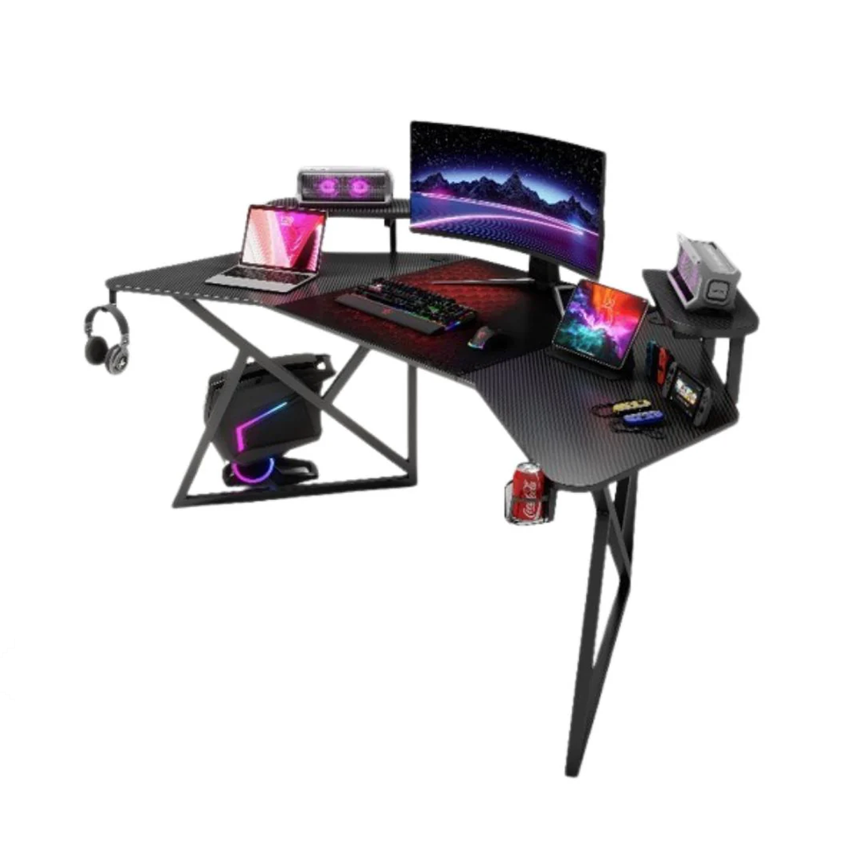 Gamax D2204B Curved Carbon Fiber Gaming Table 180*70*74 cm With Multi Level Shelves & Mousepad - Black