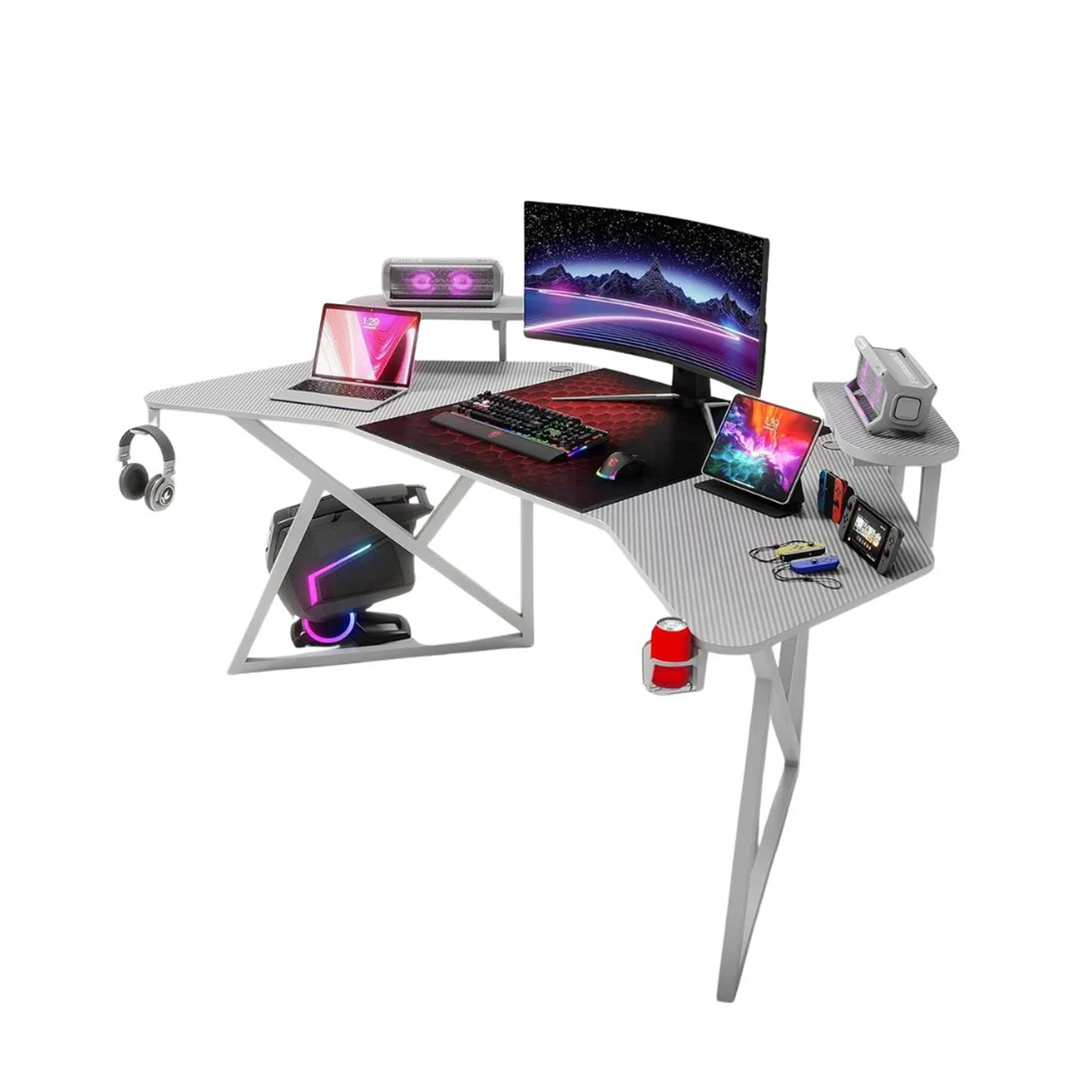 جاماكس D2204W طاولة ألعاب منحنية بتصميم ألياف الكربون مقاس 180×70×74 سم مع رفوف متعددة المستويات وماوس باد – أبيض