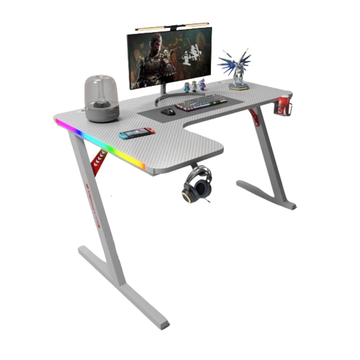 جاماكس P201-LW طاولة ألعاب آر جي بي بتصميم ألياف الكربون مقاس 140×100×74 سم مع ماوس باد (شكل L – يسار) – أبيض