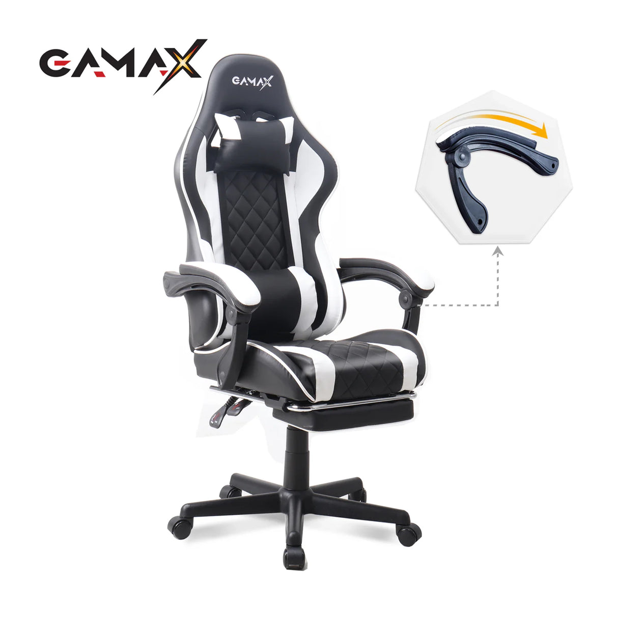 Gamax Gaming Chair with Linkage Function Armrest & Retactable Footrest - White