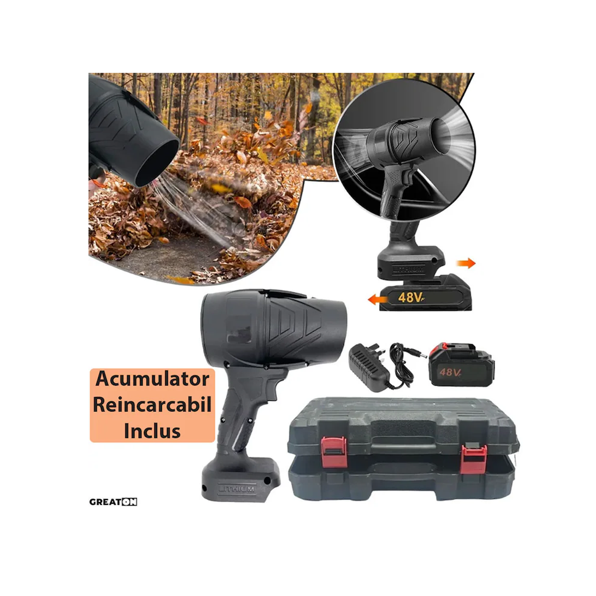 Greaton Portable Cordless Blower Dust Removal Rechargeable Battery Included 3000 mAh - Black