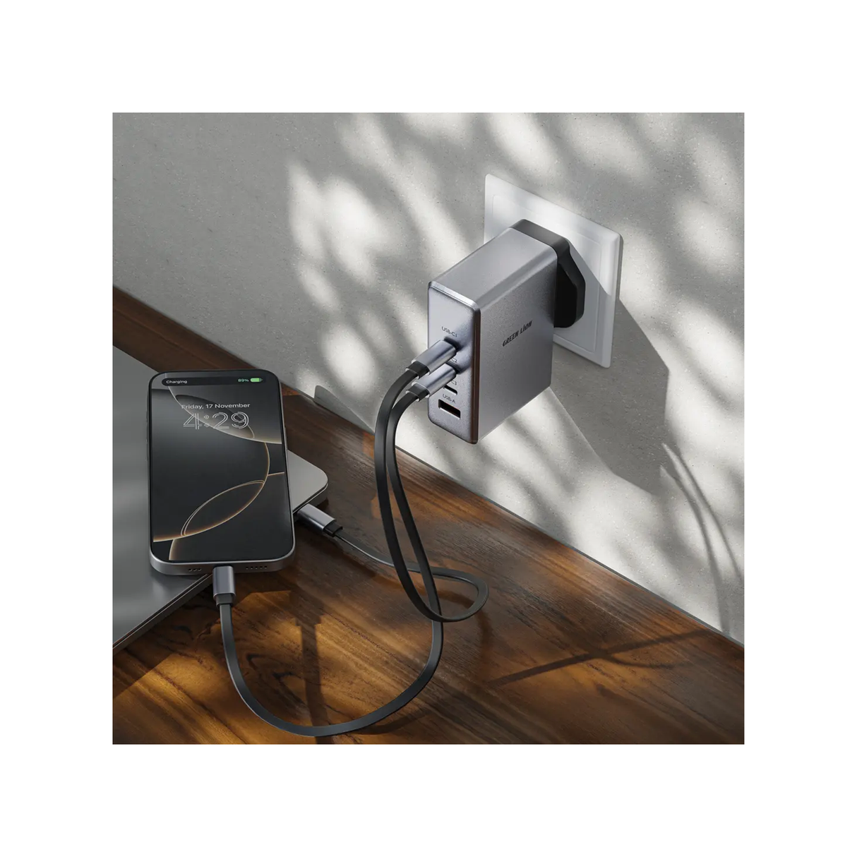 Green Lion GaN Premium UK Plug Wall Charger 100W - Gray