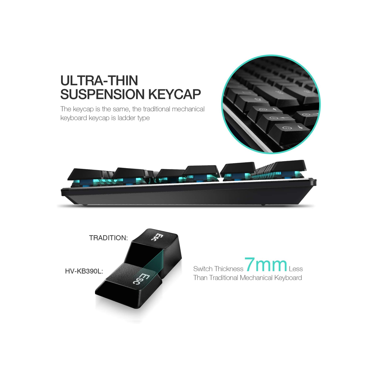 Havit Mechanical Keyboard Backlit Wired Gaming Keyboard Extra-Thin & Light, Kailh Latest Low Profile Blue Switches, 87 Keys N-Key Rollover - Black - ASIS