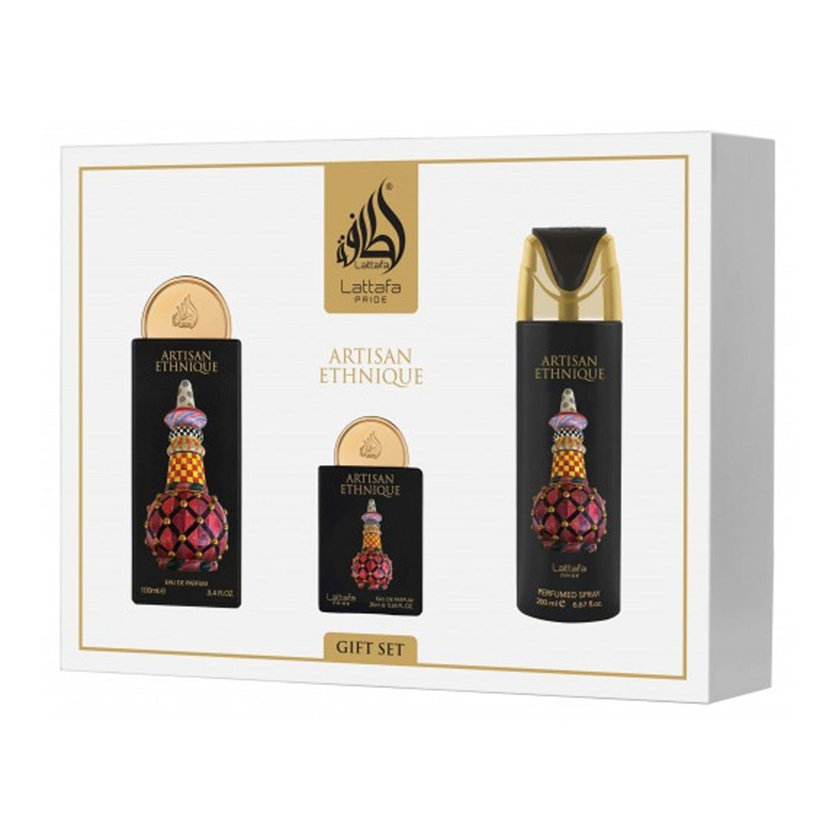 Lattafa 3Pcs Gift Set Pride Artisan Ethnique EDP for Unisex 100Ml + EDP 20Ml + Deo 200Ml