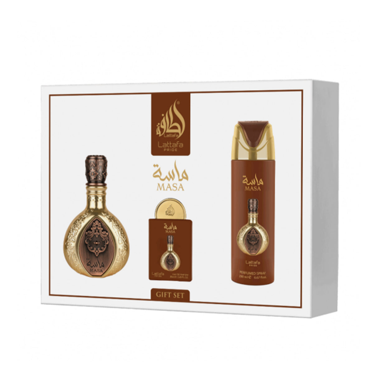 Lattafa 3Pcs Gift Set Pride Masa EDP for Unisex 100Ml + 20Ml + Deo 200Ml