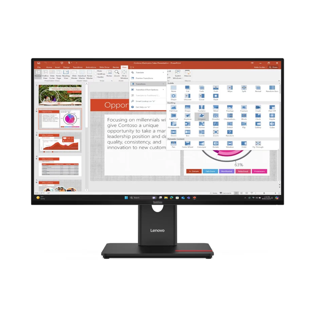 لينوفو شاشة ThinkVision T27-40 - مقاس 27 بوصة FHD IPS - زمن استجابة 4ms - تردد حتى 120Hz - منافذ HDMI 1.4 / DisplayPort 1.2 / VGA / USB-A / USB-C - حامل قابل لتعديل الارتفاع