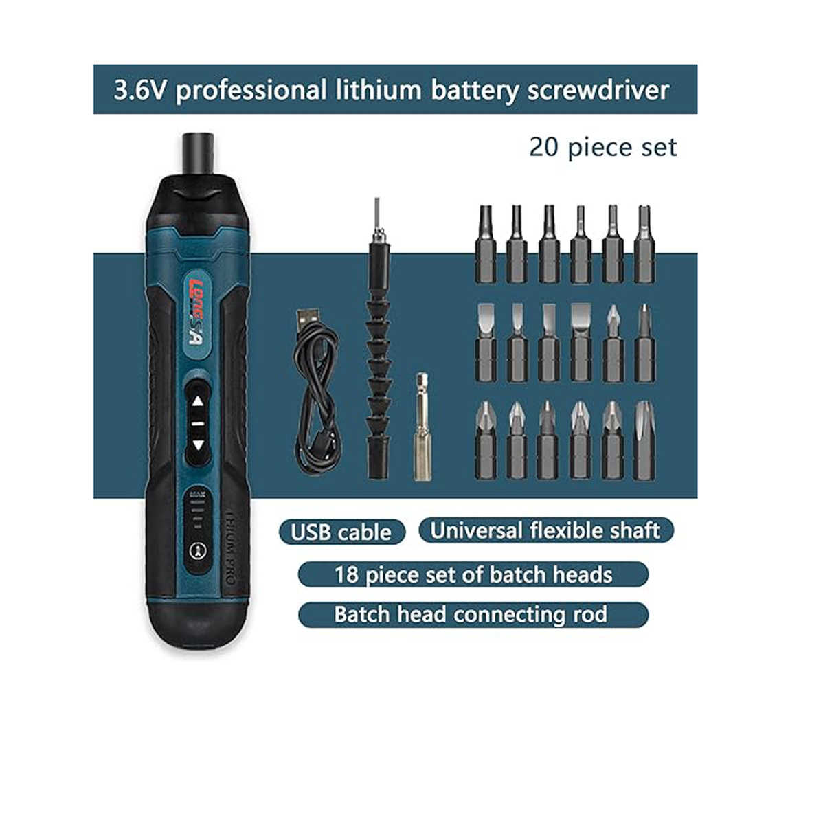 لونغسا 36 في 1 طقم مفك قابل لإعادة الشحن مع البطارية 3 مؤشرات عزم دوران ليد الكتابة بسرعة وحقيبة حمل