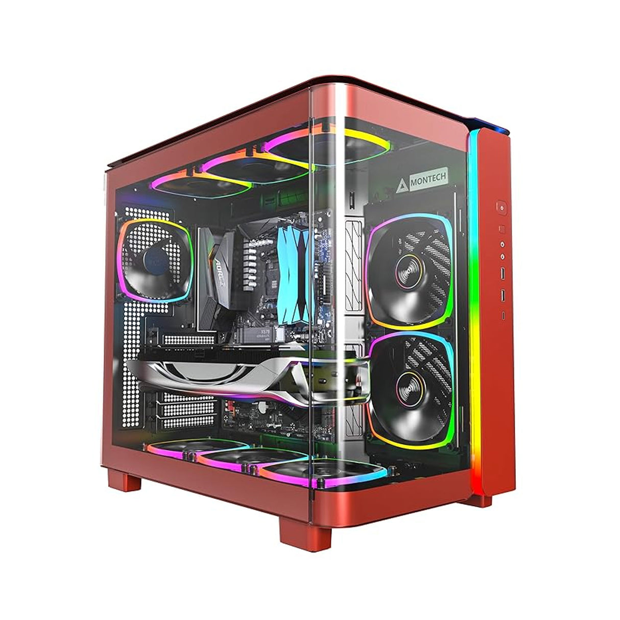 Montech KING 95 Pro Curved Tempered Glass ATX Mid-Tower Gaming PC Case - Red (6 ARGB Fans Included)