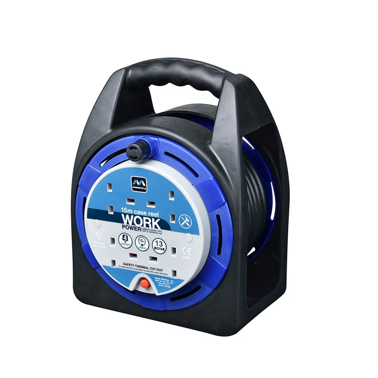 ماستربلج بكرة تمديد بقدرة 13 أمبير بطول 15 متر - 4 منافذ - أزرق