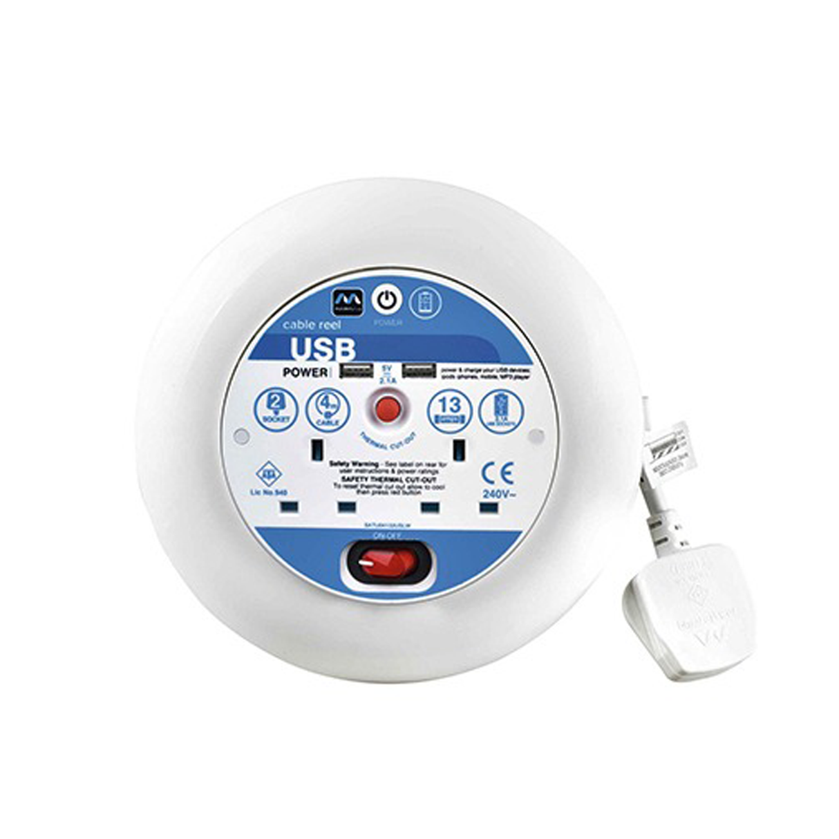 ماستربلج بكرة تمديد بطول 4 متر - (2جي) ومنفذين يو اس بي بقدرة 2.1 أمبير