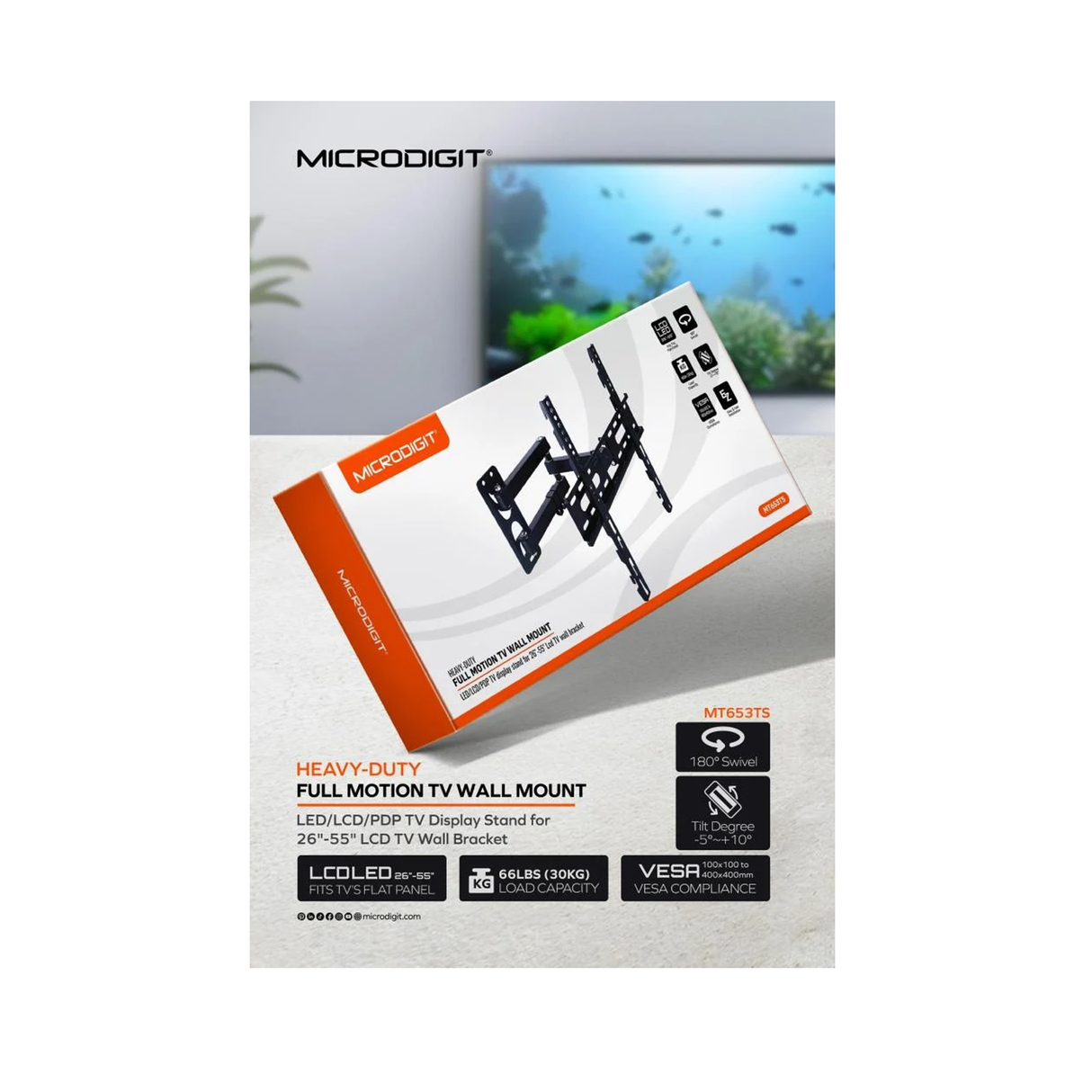 مايكروديجيت MT653TS حامل تلفزيون متحرك مقاس 26 إلى 55 بوصة - أسود
