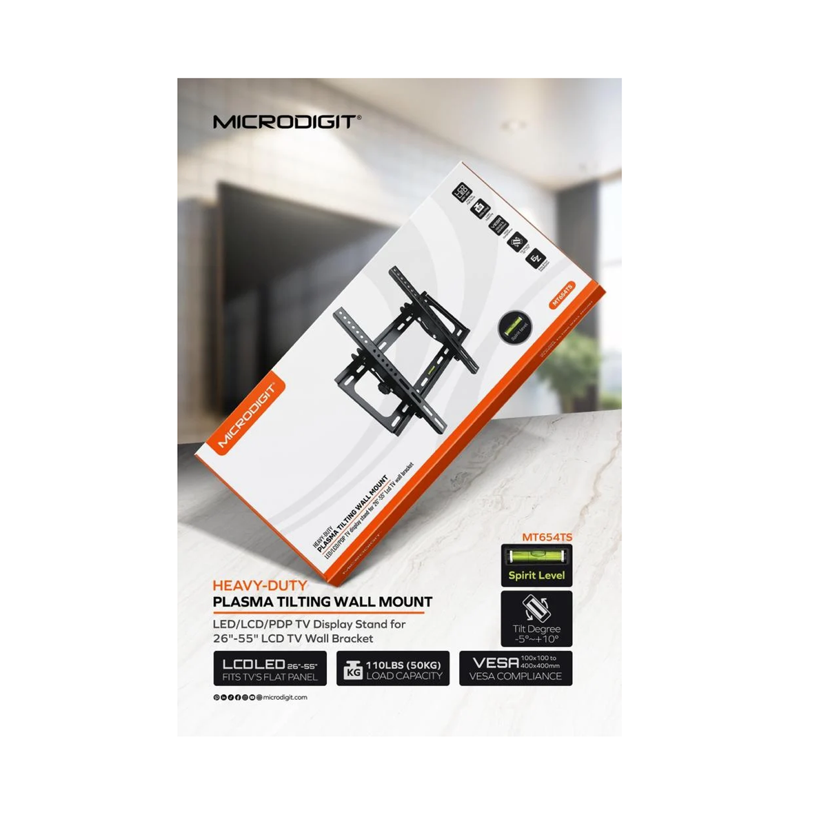 مايكروديجيت MT654TS حامل تلفزيون متحرك مقاس 26-55 بوصة - أسود