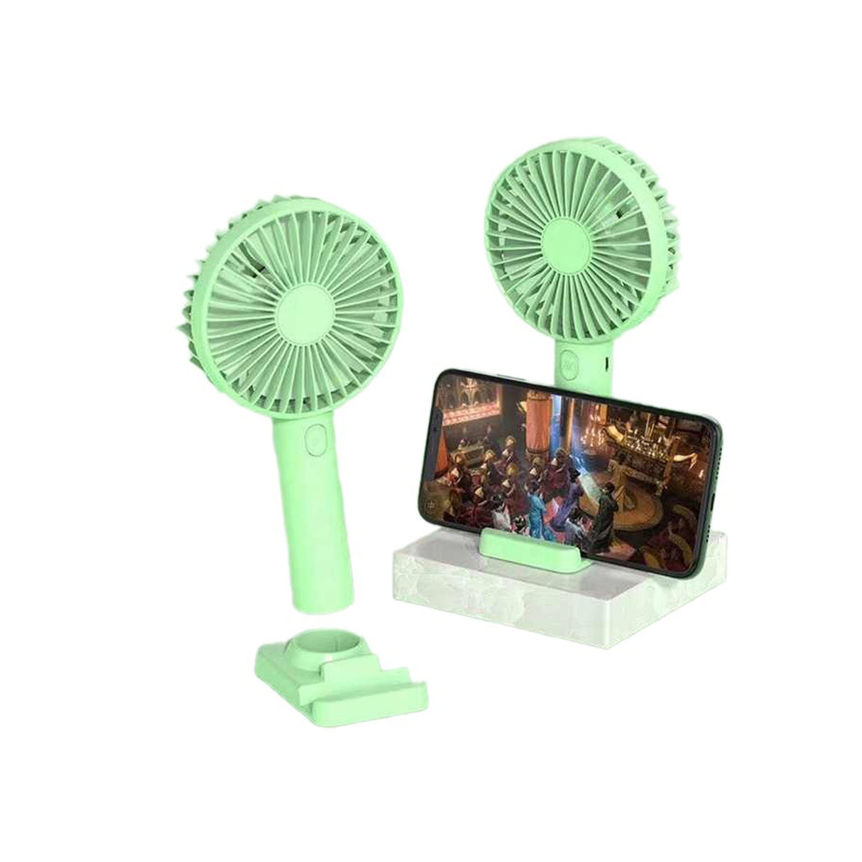 مروحة تبريد يدوية صغيرة قابلة لإعادة الشحن مع حامل موبيل – أخضر