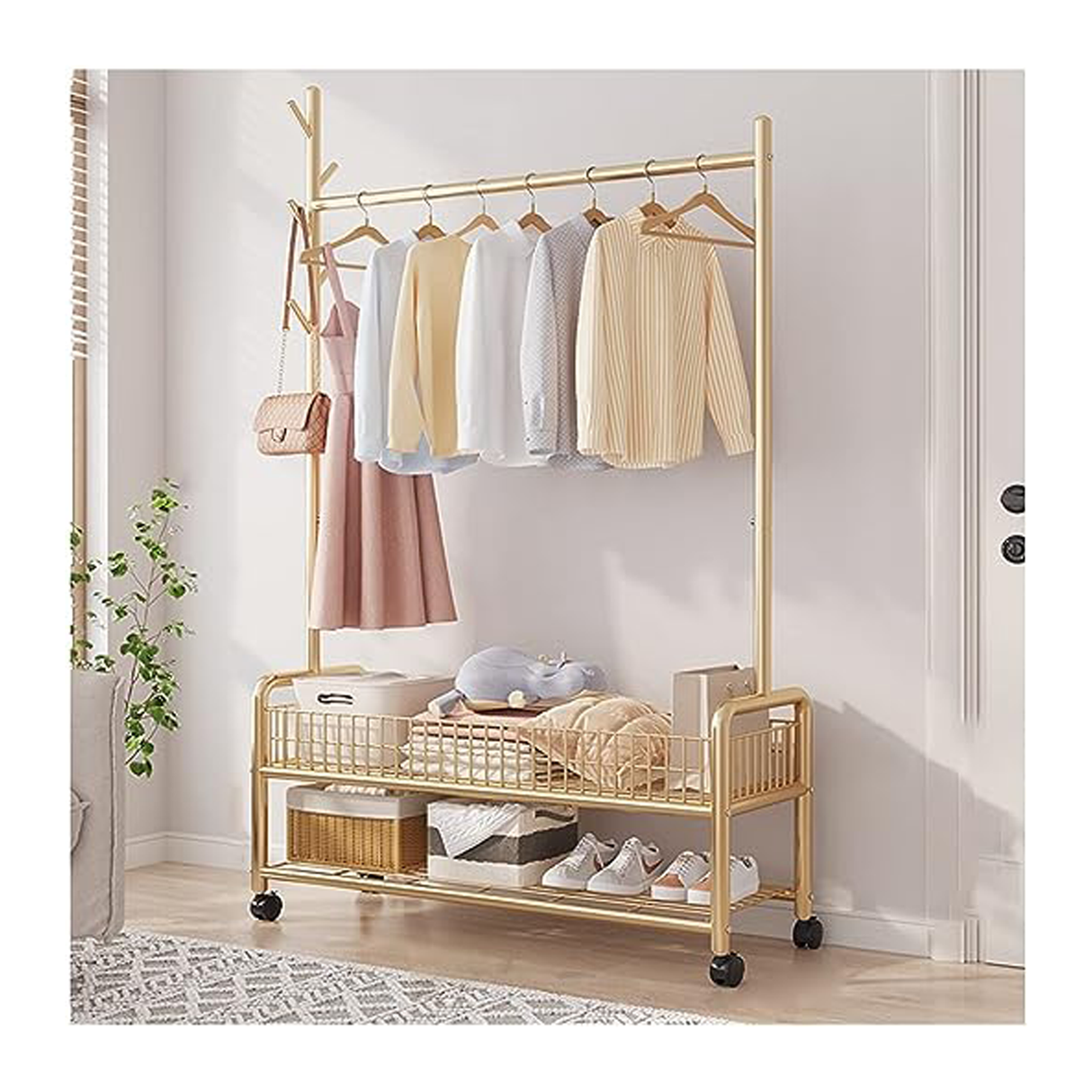 حامل ملابس عصري ومنظم علاقات مع تخزين متعدد الاستخدامات وخطّافات