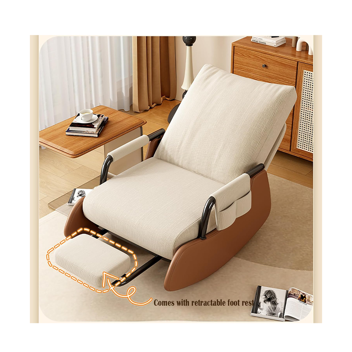Modern Rocking Chair With Footstool - Glider Chair With Folding Foot Pad