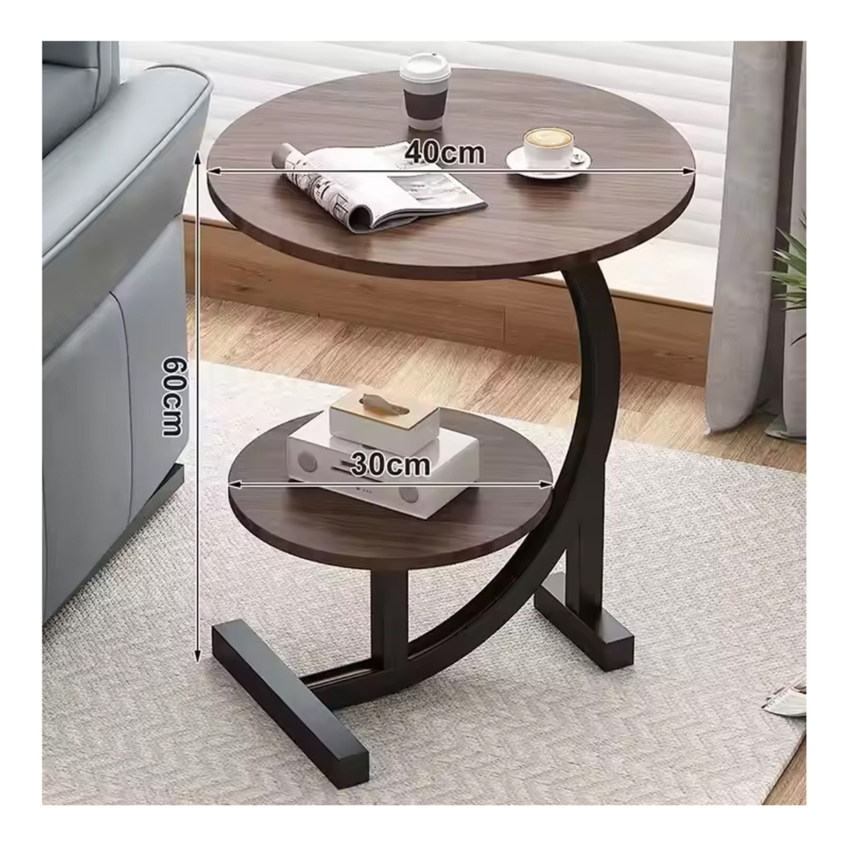 طاولة جانبية دائرية حديثة بطبقتين على شكل حرف سي لغرفة المعيشة وغرفة النوم - بني (صندوق تالف) - (كما هو)