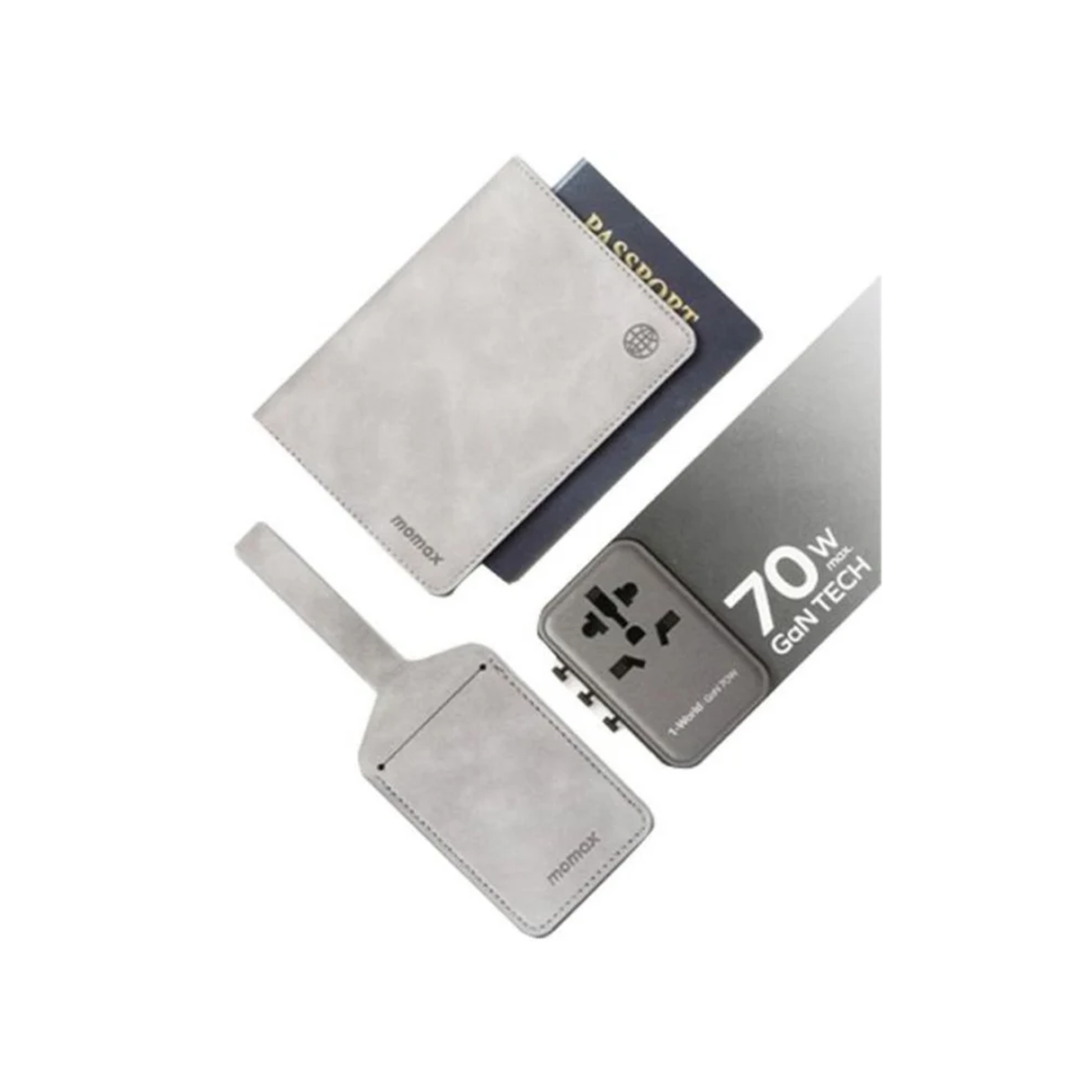 Momax Bundle Set (Ua8A+Sr32A+Sr33A) Travel Adapter 70 Watts Gan 5 Ports + Ac + Passport Cover + Name Tag - Black