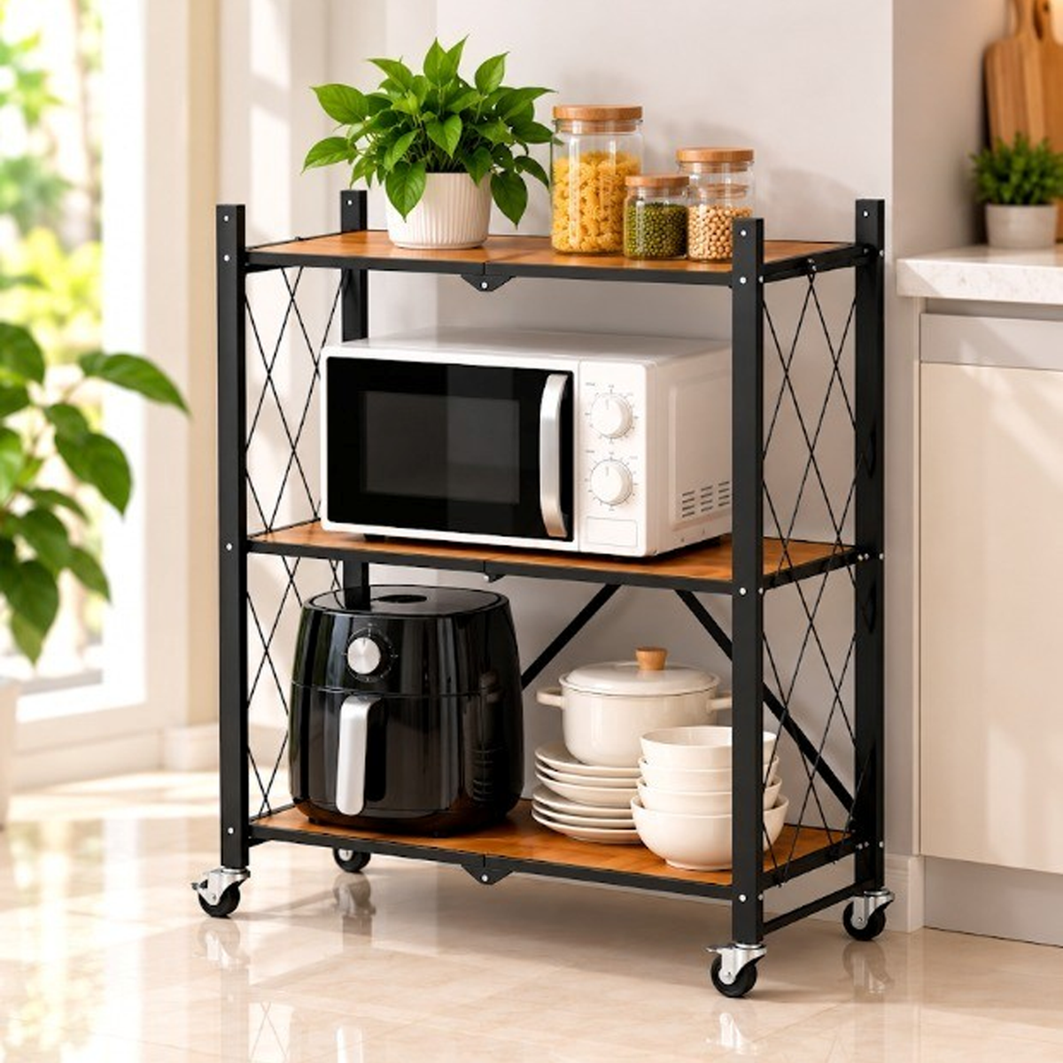3-Tier Multipurpose Foldable Wood Color Kitchen Storage Rack with Wheels