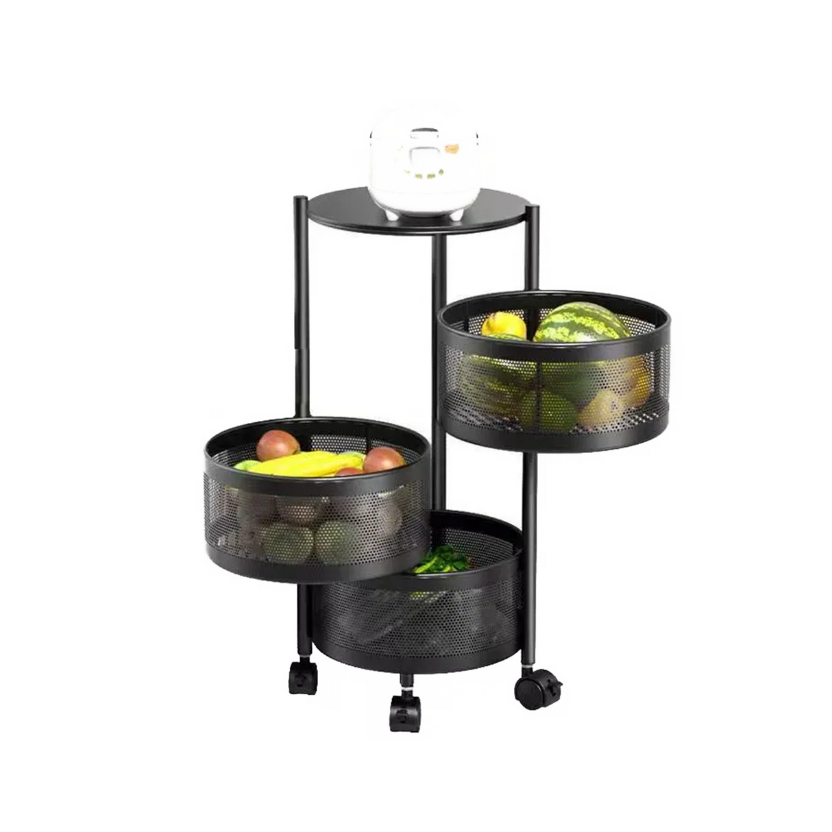 رف مطبخ معدني دائري متعدد الطبقات مع أرفف دوارة وعجلات - 3 طبقات