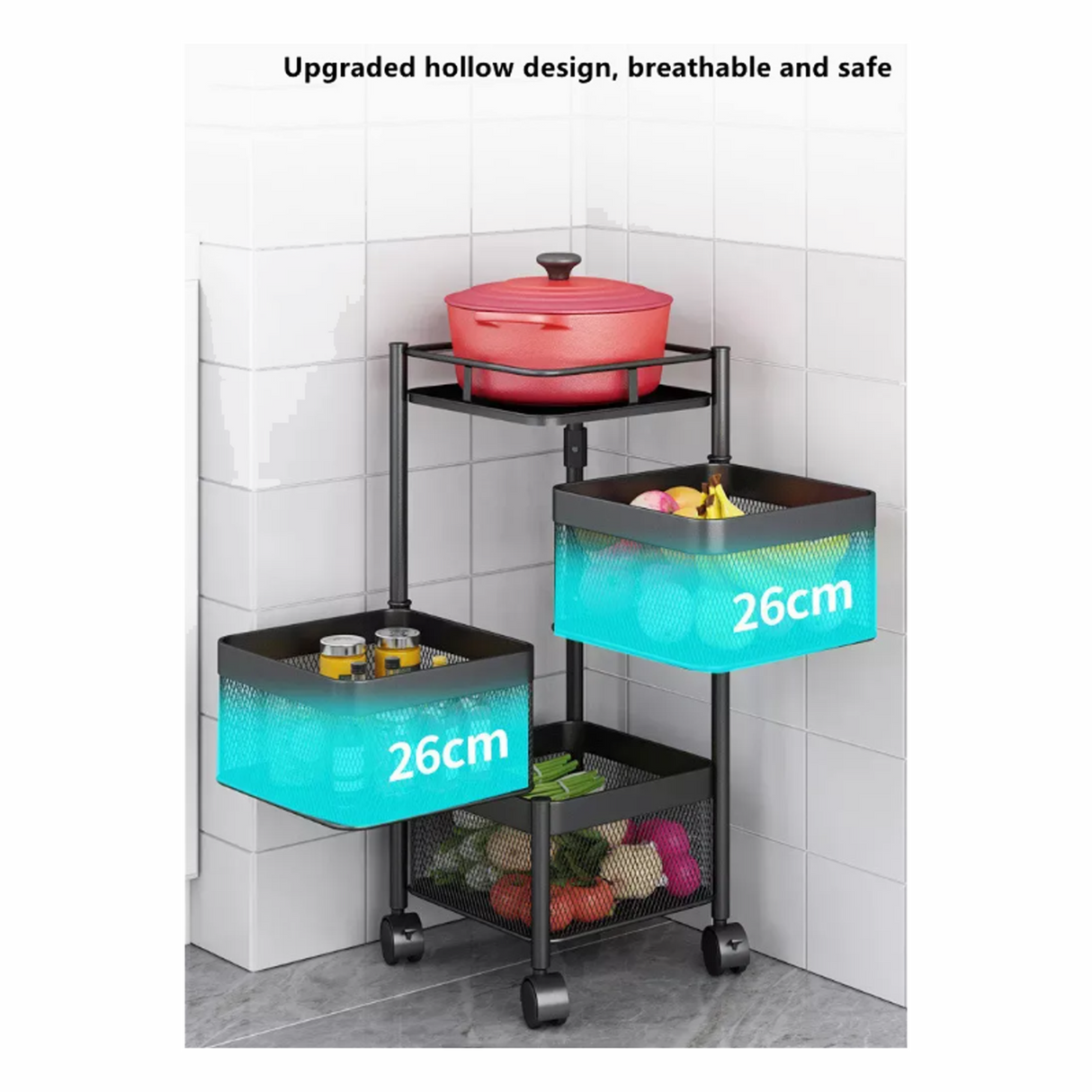 رف مطبخ معدني مربع متعدد الطبقات مع أرفف دوارة وعجلات - 3 طبقات