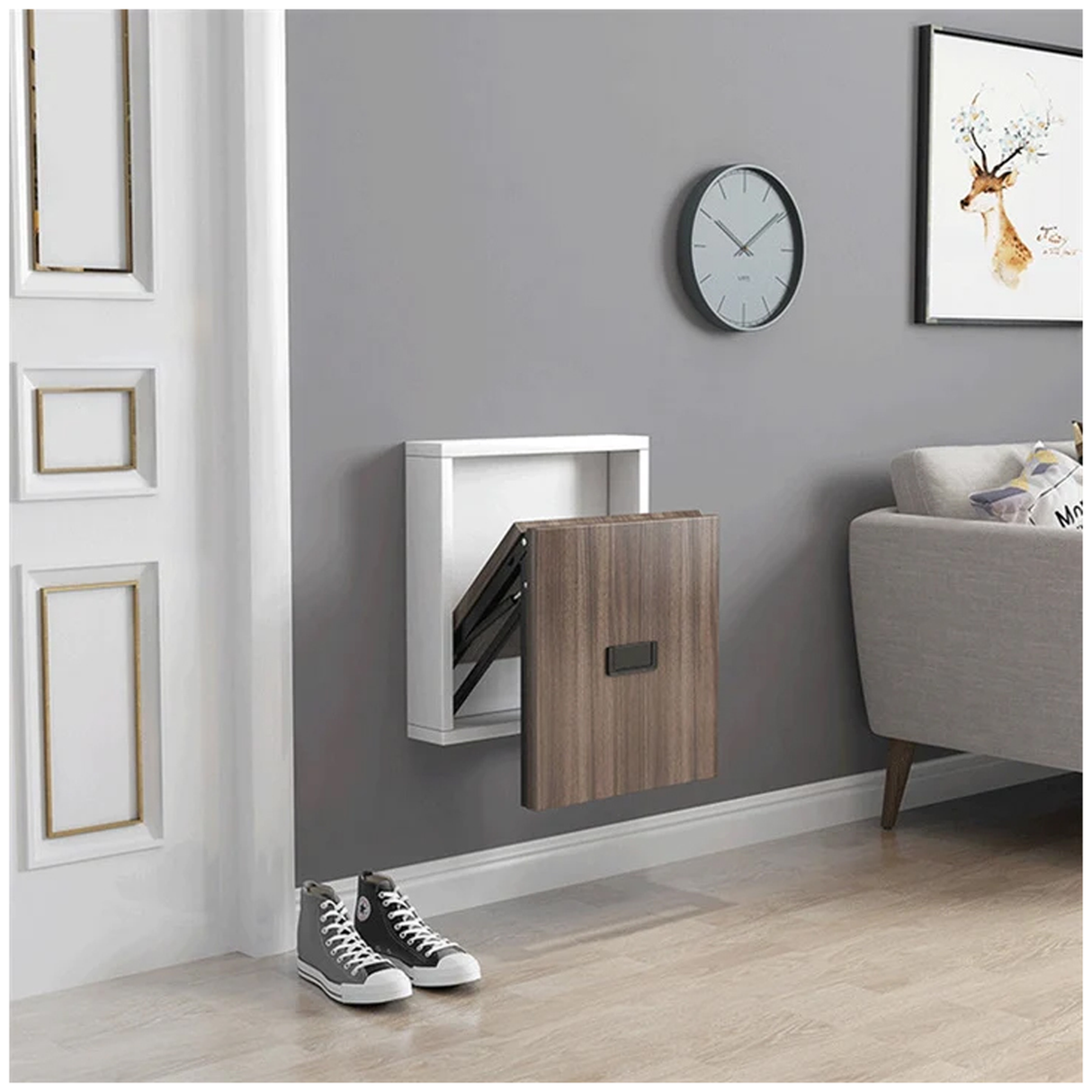 Multipurpose Wall-Mounted Folding Chair With Wooden Finish - White Frame