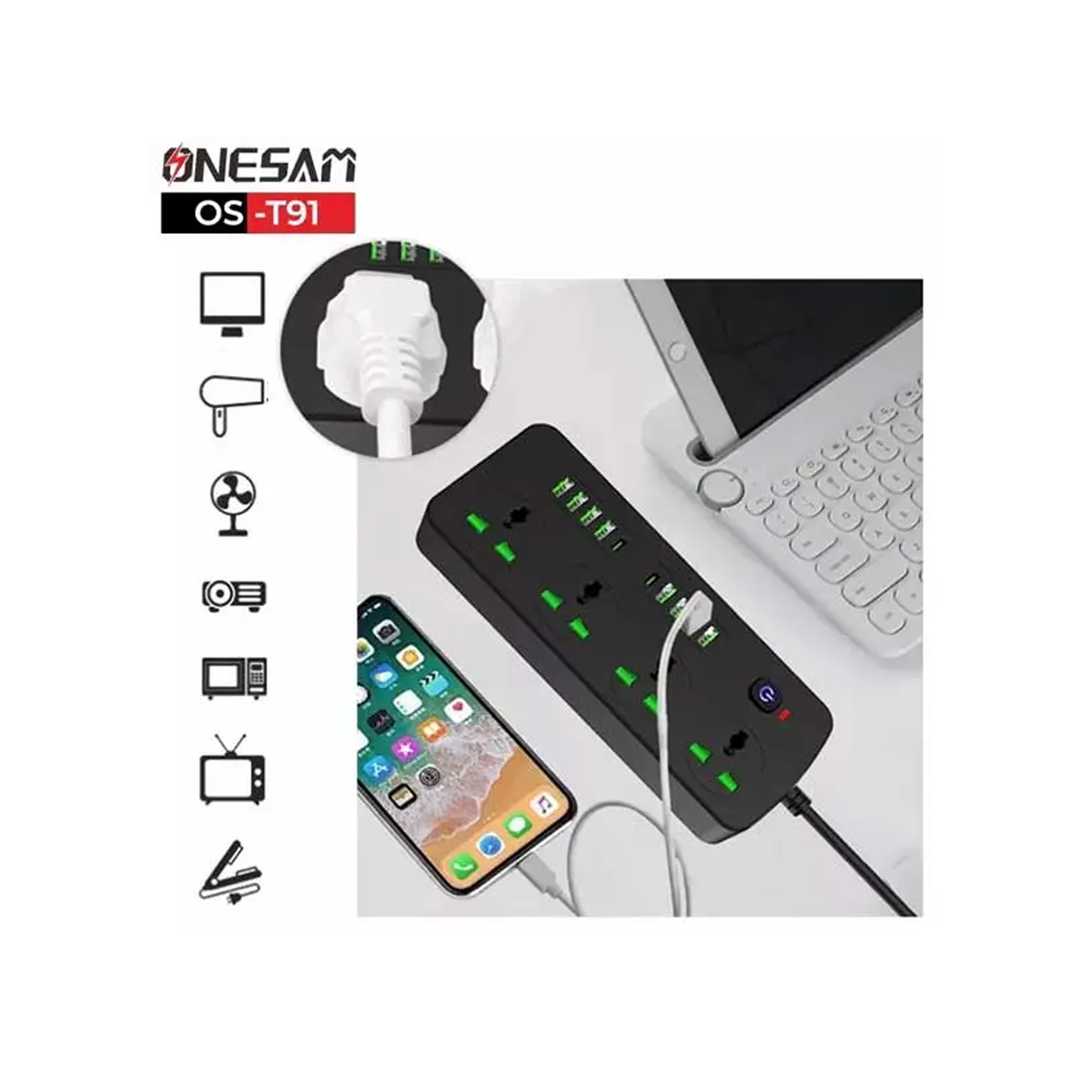 أونسام Os-T91 وصلة تمديد طاقة 3000 واط – أسود