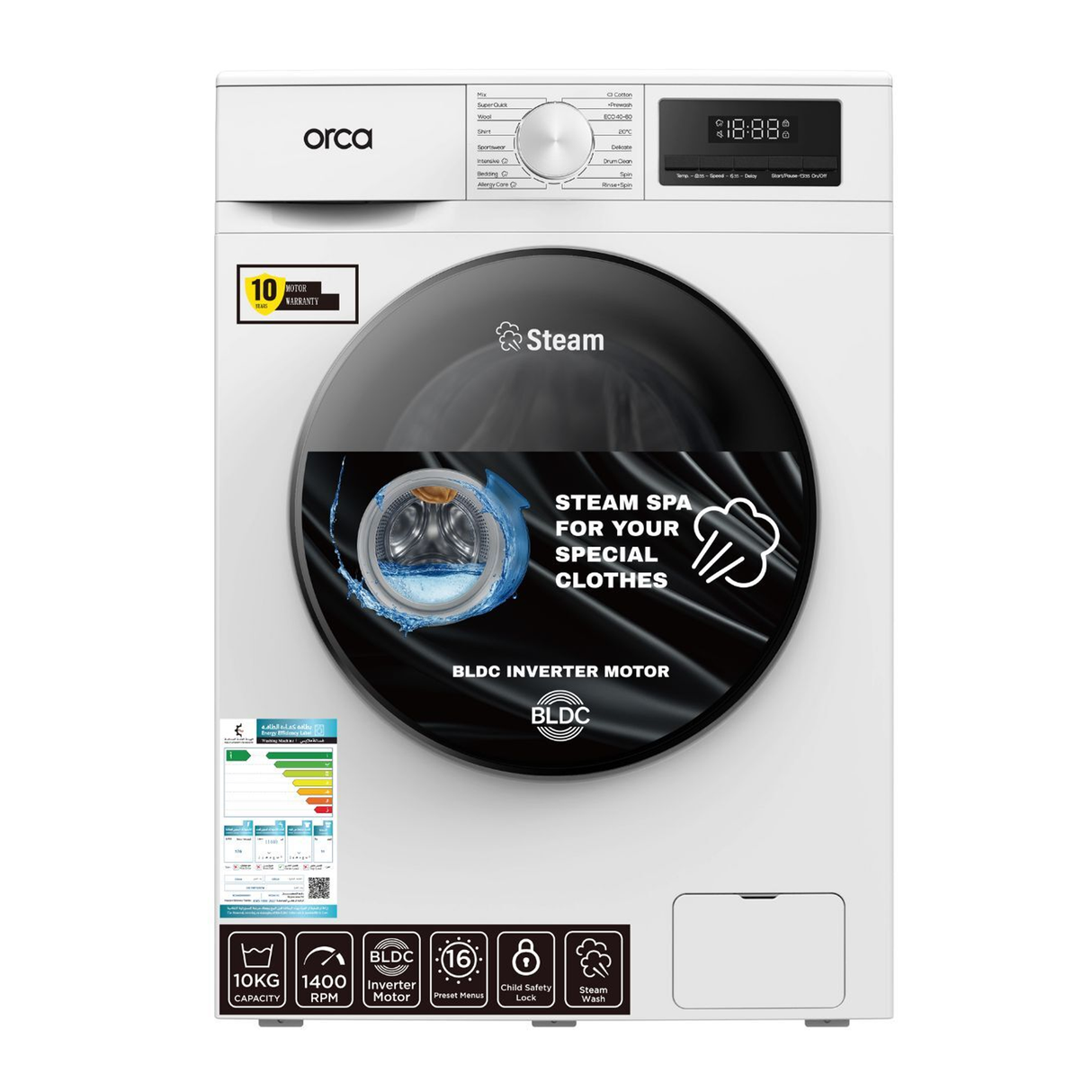Orca Front Load Washing Machine 10KG 1400RPM BLDC - White