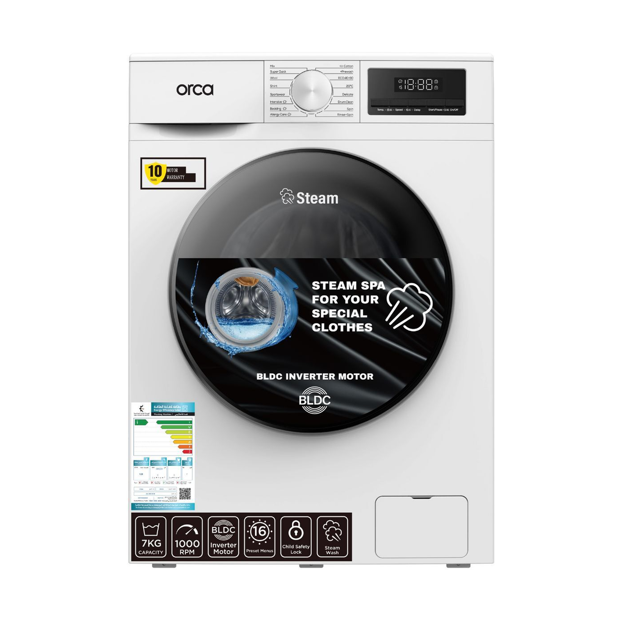 Orca Front Load Washing Machine 7KG 1000RPM BLDC - White