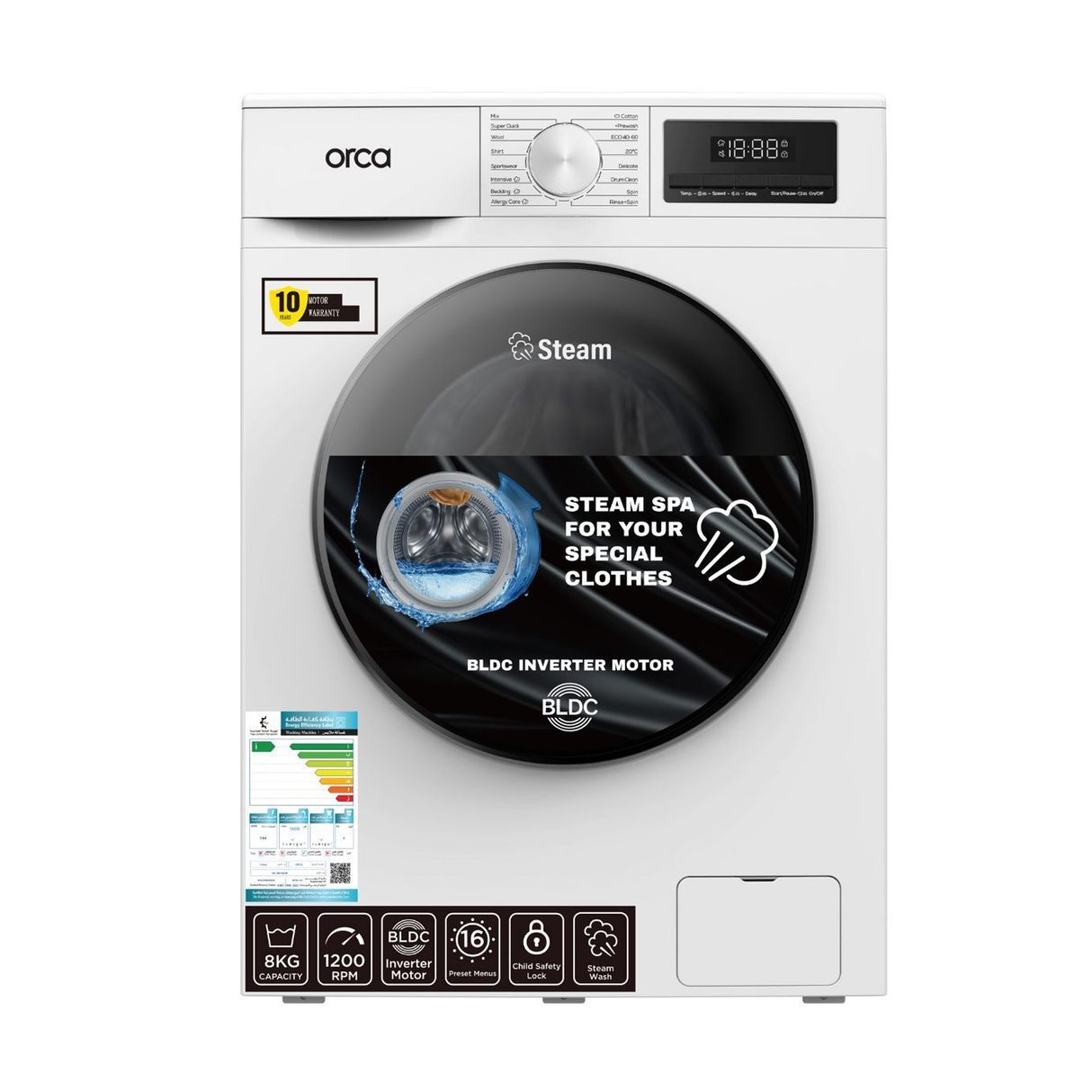 Orca Front Load Washing Machine 8KG 1200RPM BLDC - White