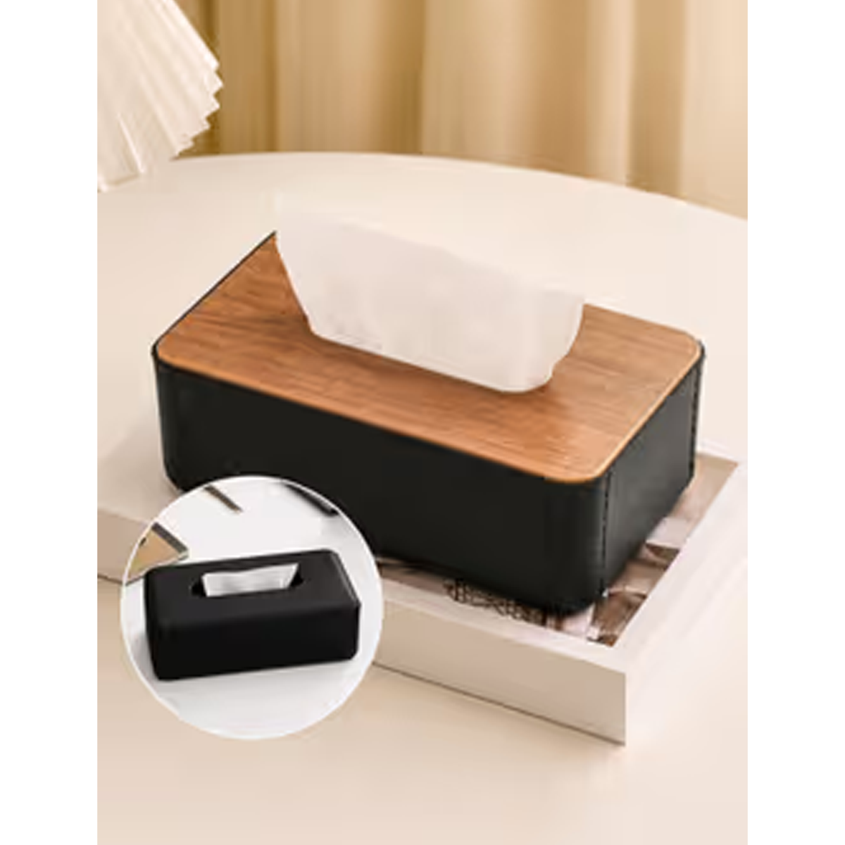 Plastic Tissue Box Holder with Wood and Leather Finish - Black