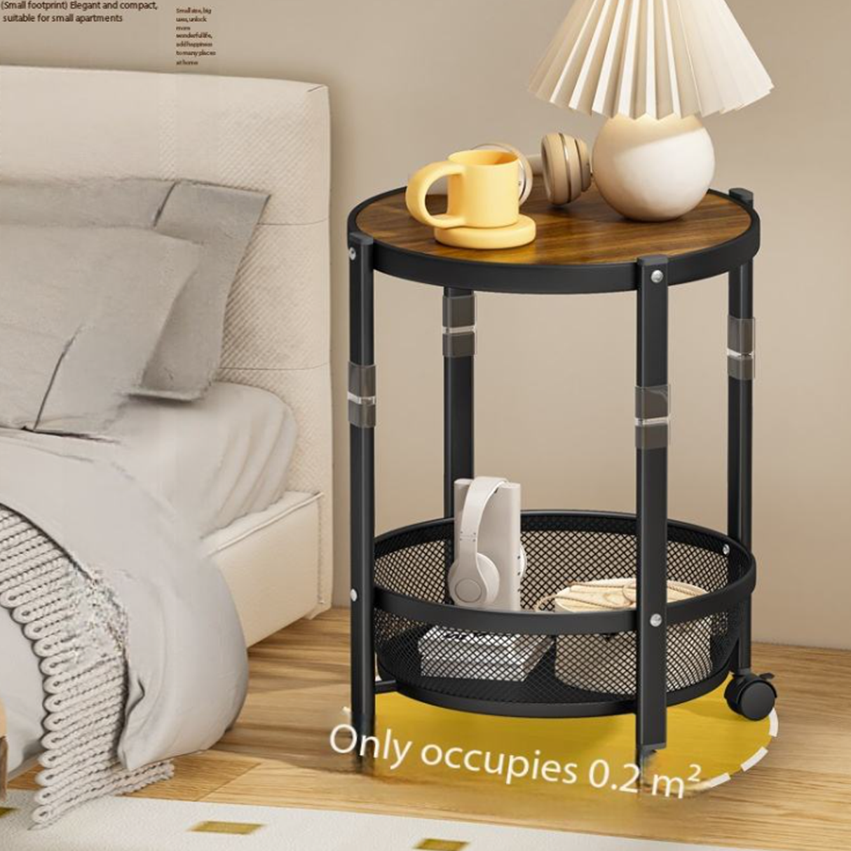 Premium Dual-Layer Rolling Side Table & Foldable Storage Trolley with Mesh Basket, Mobile Snack Organizer Cart with Swivel Wheels, Walnut Round Tabletop Metal Utility Stand for Living Room Bedroom Kitchen Office 52CM