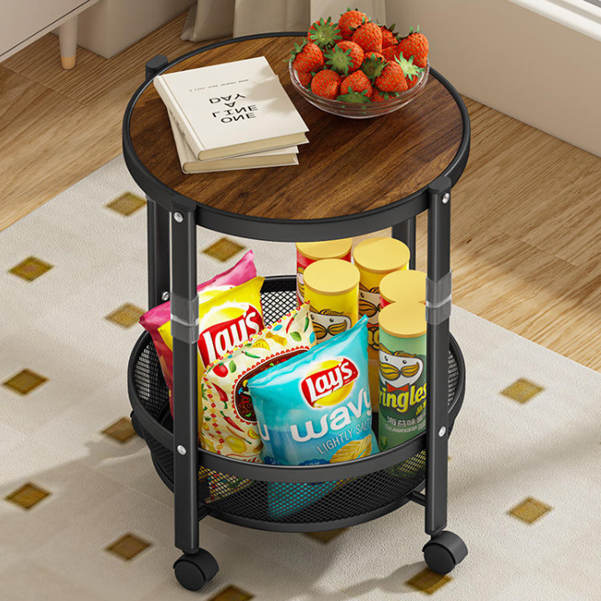 Premium Dual-Layer Rolling Side Table & Foldable Storage Trolley with Mesh Basket, Mobile Snack Organizer Cart with Swivel Wheels, Walnut Round Tabletop Metal Utility Stand for Living Room Bedroom Kitchen Office 52CM