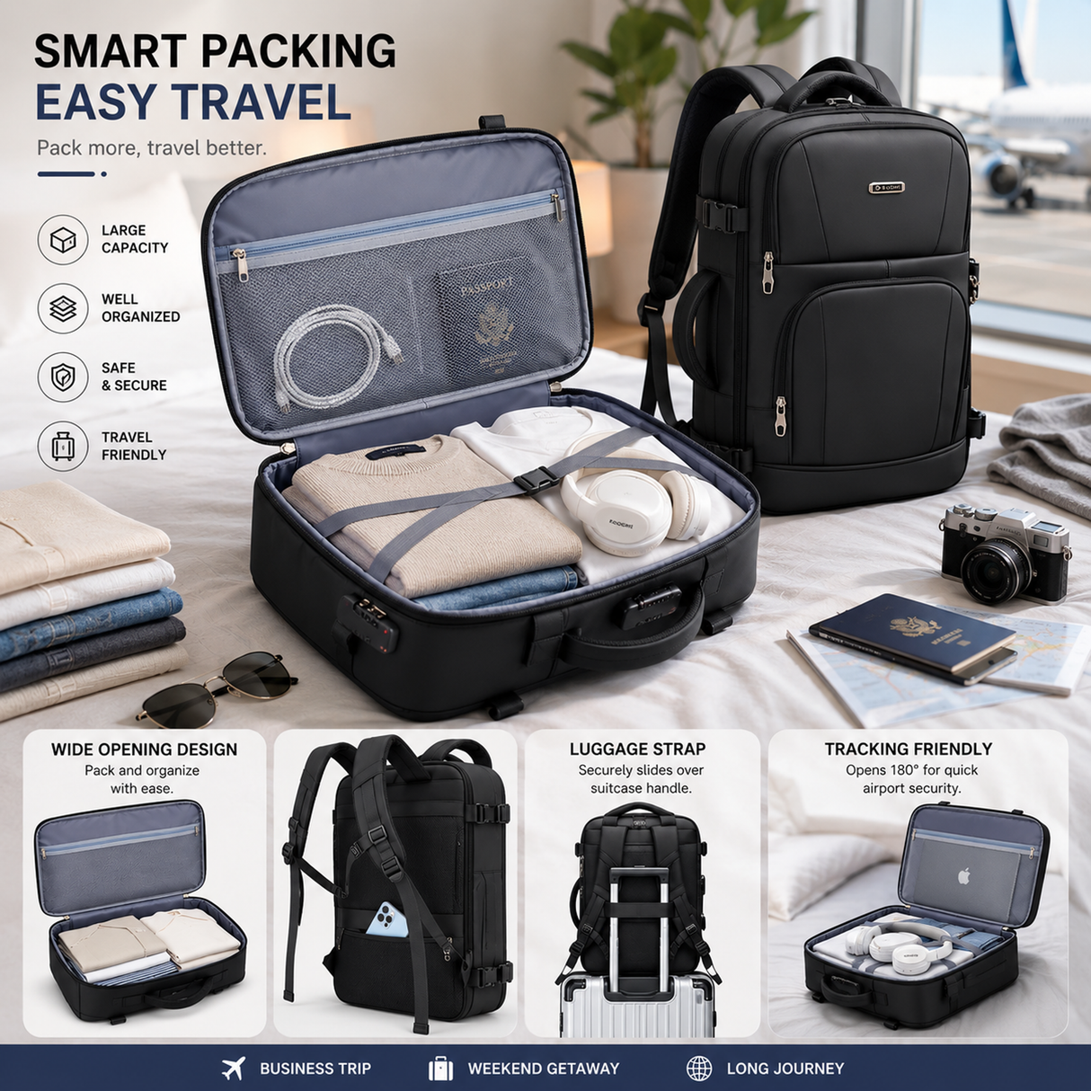 Premium Travel Backpack – Large Capacity Carry-On Backpack - CARYONBP-EOKK
