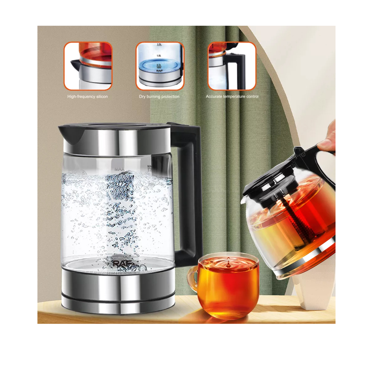راف 0.8 لتر + 2 لتر 2 في 1 غلاية سماور كهربائية مزدوجة الزجاج مع قاعدة طاقة دوارة 360° للتسخين الفوري