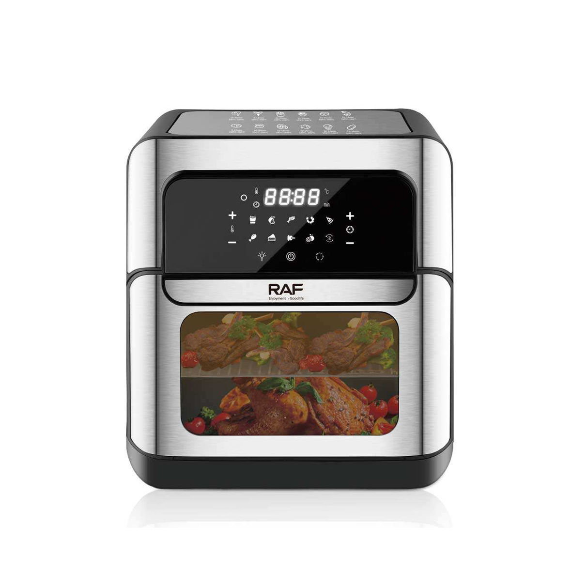 راف فرن قلاية هوائية رقمية بسعة 12 لتر مع سيخ شوي (روتيسيري)، بقدرة 1800 واط، تحكم بشاشة لمس وتقنية تدوير الهواء الساخن 360° – R.5152